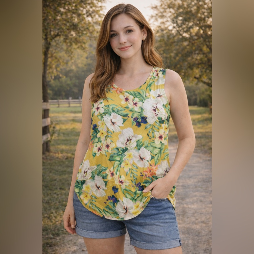 Yellow floral print sleeveless top, featuring a vibrant tropical pattern, Size M